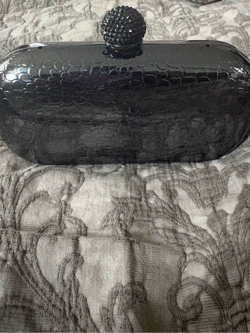 Black Croc-Embossed Minaudierre Evening Clutch with Crystal Sphere Clasp